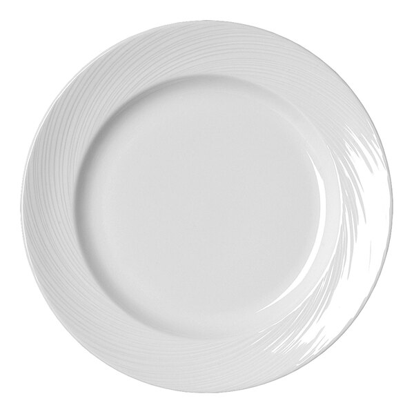 A close-up of a Steelite Distinction Spyro white plate with a curved edge and swirl pattern.
