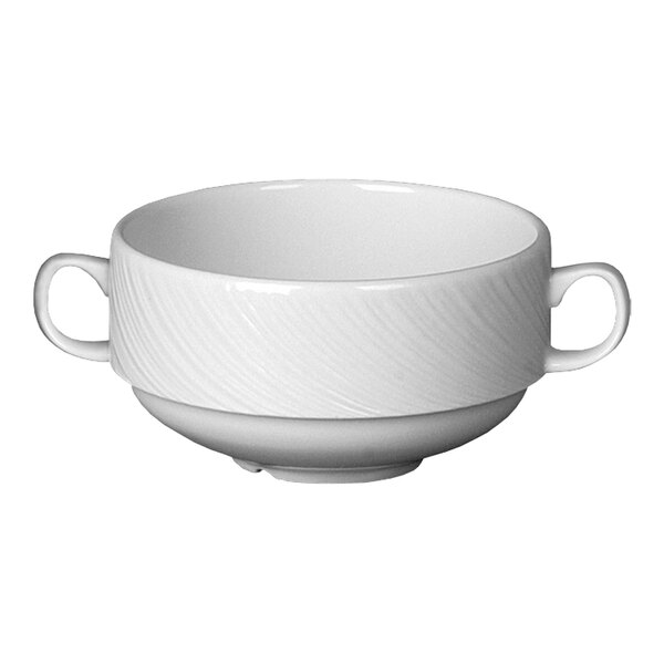 A close-up of a Steelite white bowl with two handles.