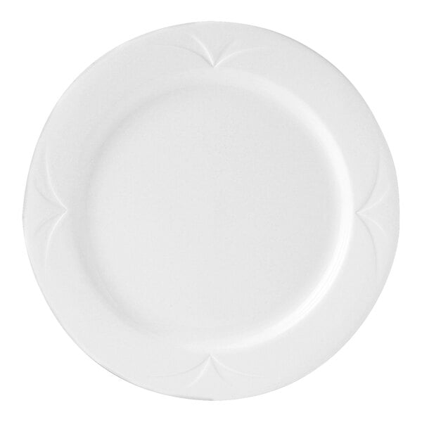 A Steelite Distinction Bianco white plate with an embossed design.