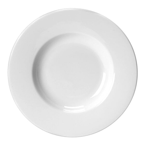 A close-up of a Steelite Distinction Monaco Vogue white saucer with a round rim.