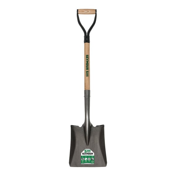 A Seymour Midwest square point shovel with a wooden handle and a steel D-grip.