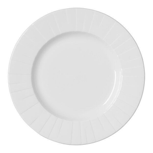 A white Steelite Alina china plate with a curved edge and a circular center.