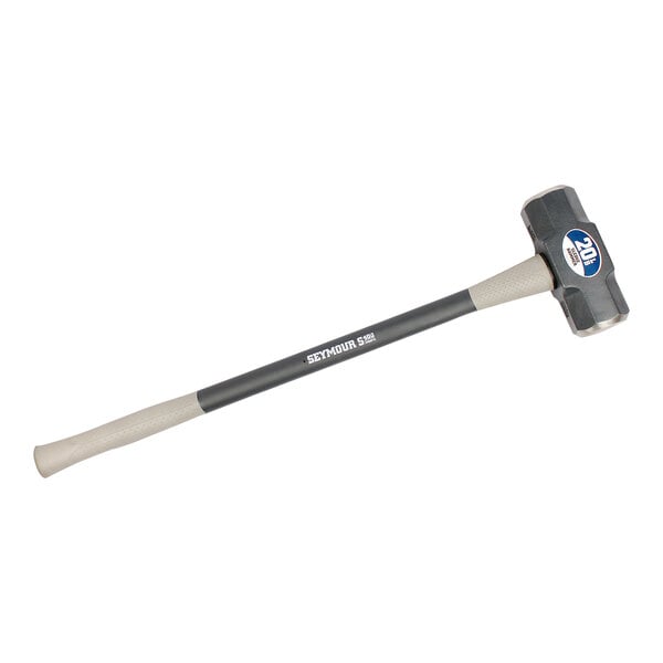 A Seymour Midwest sledge hammer with a blue and white logo on the handle.