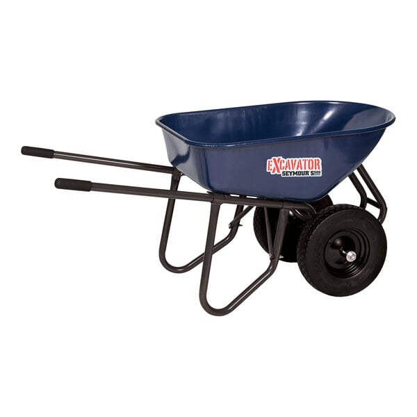 A blue Seymour Midwest steel wheelbarrow with black wheels.