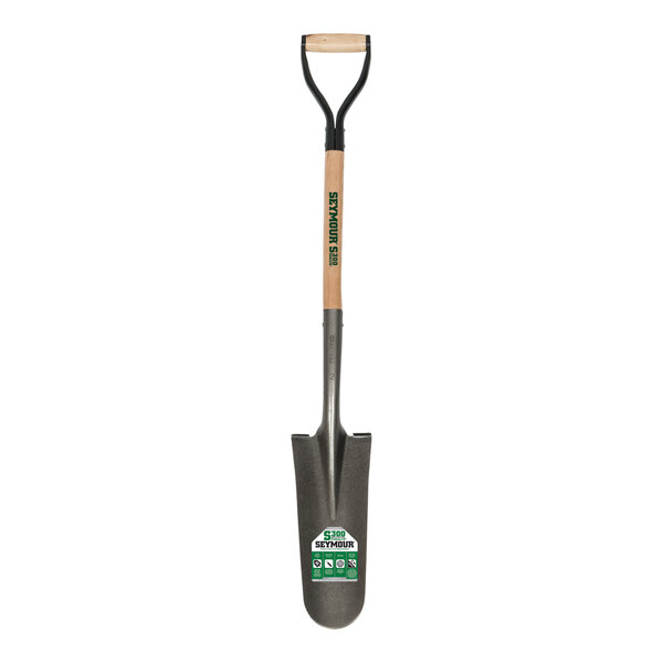 A Seymour Midwest DuraLite drain spade shovel with a wooden handle and steel D-grip.