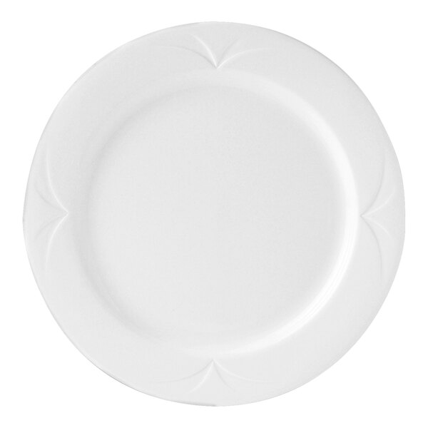 A Steelite white china plate with an embossed design.