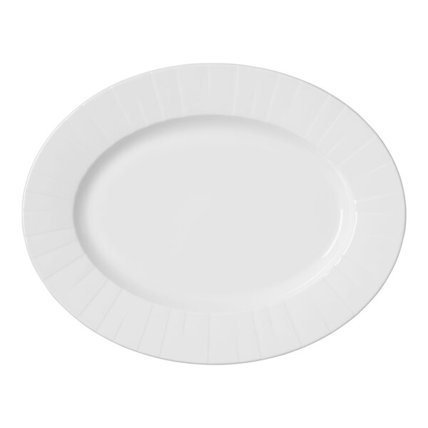 A white Steelite Alina oval plate with a curved edge and an embossed design.