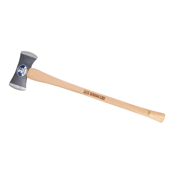 A Seymour Midwest double bit Michigan axe with a hickory wood handle with a blue and white logo.