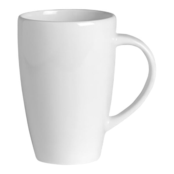 A close up of the handle of a Steelite Distinction Monaco Vogue white mug.