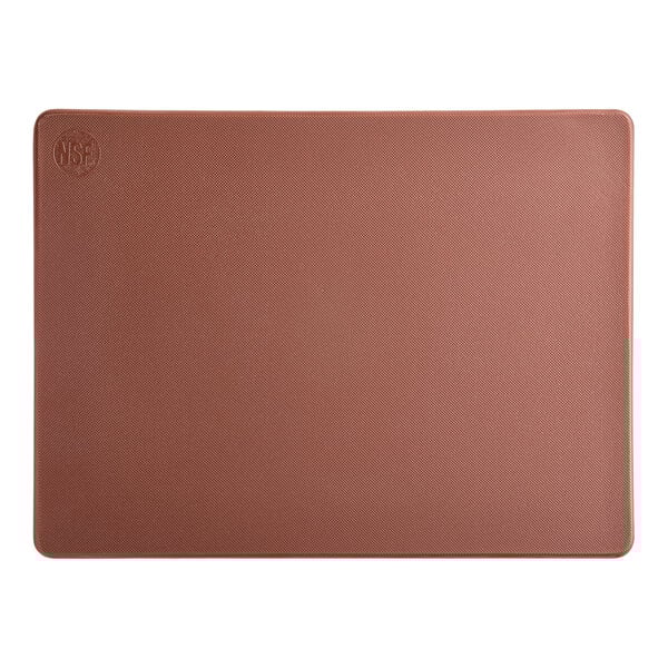 A brown rectangular Choice polyethylene cutting board with a logo on it.