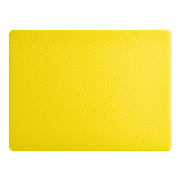 A yellow rectangular Choice polyethylene cutting board.
