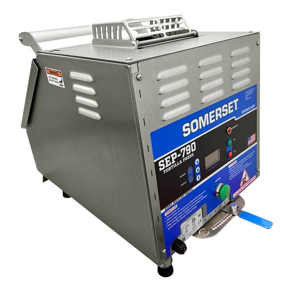 A Somerset automated tortilla press with a handle.