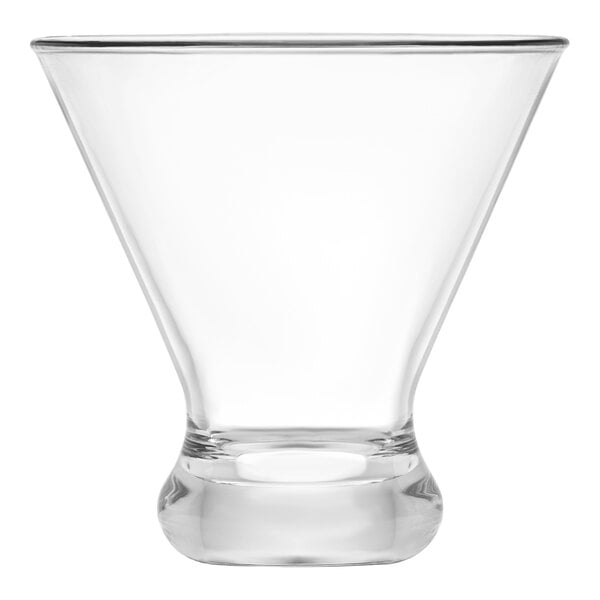 A Libbey Tritan plastic stemless martini glass with a cone-shaped bottom.