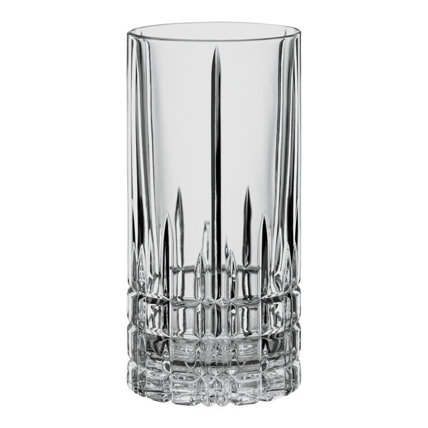 A clear Spiegelau Perfect Serve Pool long drink glass with a small hole at the bottom.