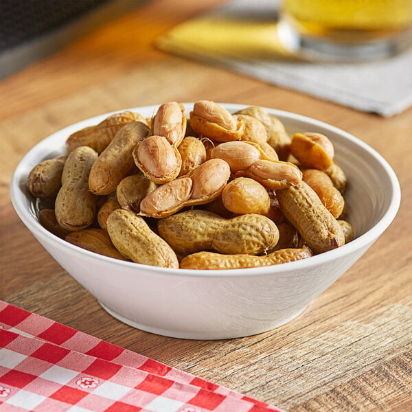 A bowl of Peanut Patch boiled peanuts on a table.