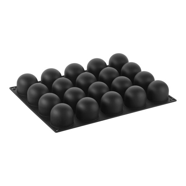 A black plastic tray with round black objects.