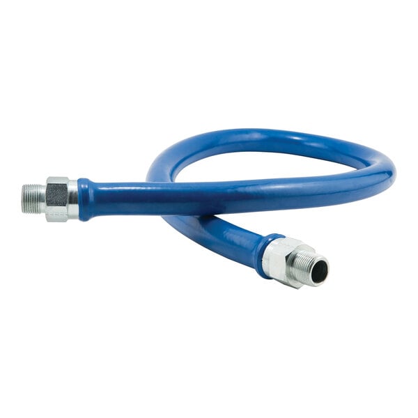 A blue Dormont gas hose with a metal nut.