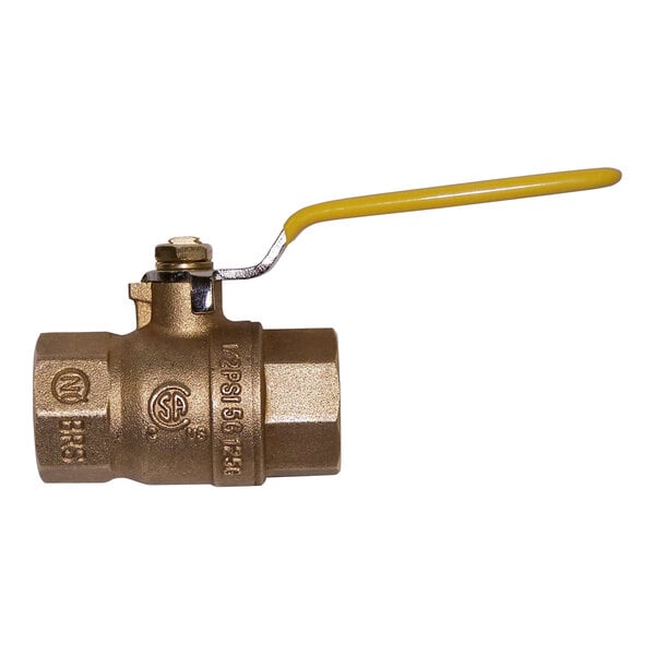 A brass ball valve with a yellow handle on a white background.