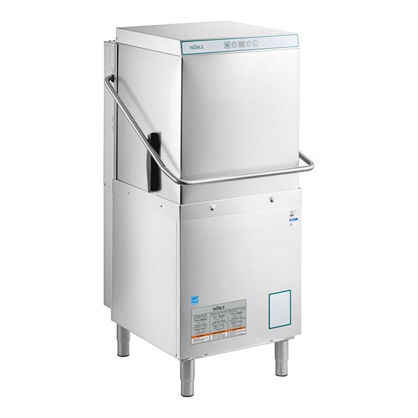 A Noble Warewashing door-type dishwasher with a stainless steel door open.