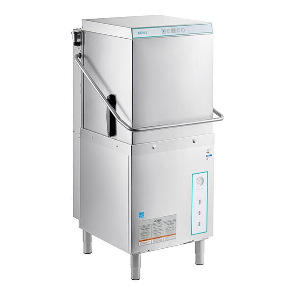 A stainless steel Noble Warewashing door-type dishwasher with the door open.