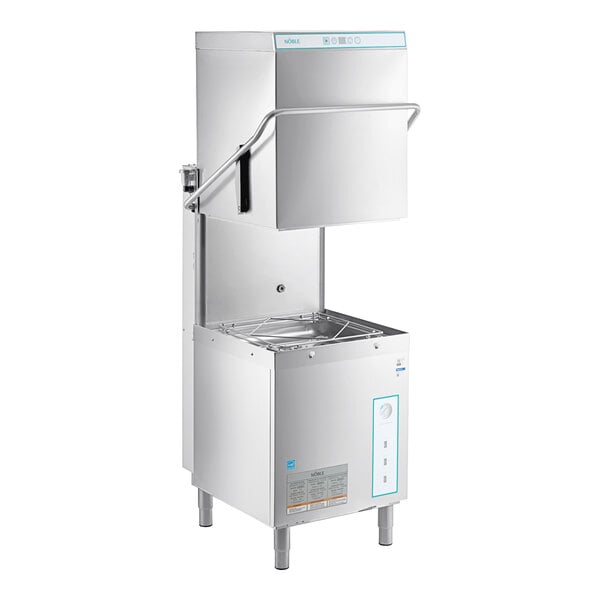 A Noble Warewashing door-type dishwasher with an open door.