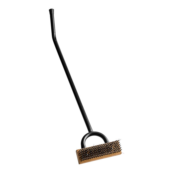 A long black brush with a brown handle.