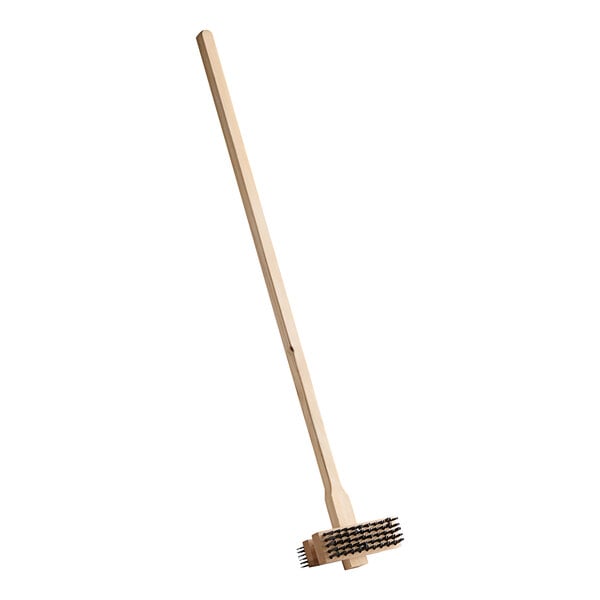 A Choice double head grill brush with a long wooden handle.