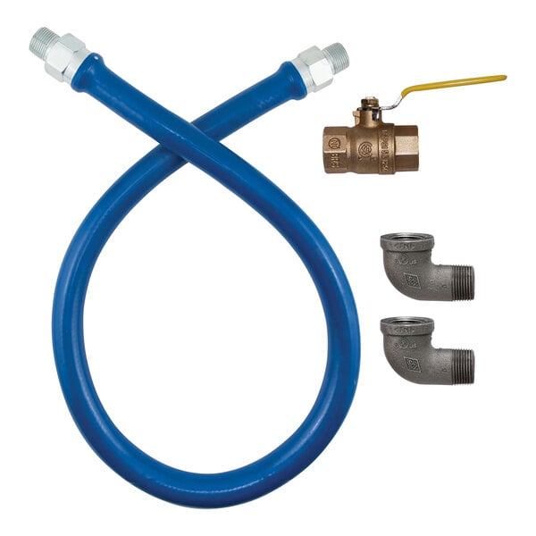 A blue flexible hose with brass fittings.