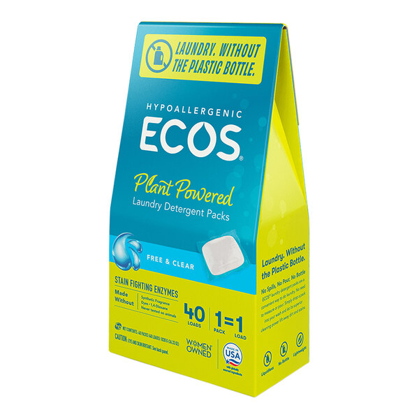 A blue and yellow box of 40 ECOS Free and Clear laundry detergent packs.