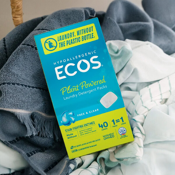 A box of 6 ECOS Free and Clear laundry detergent packs on a counter.