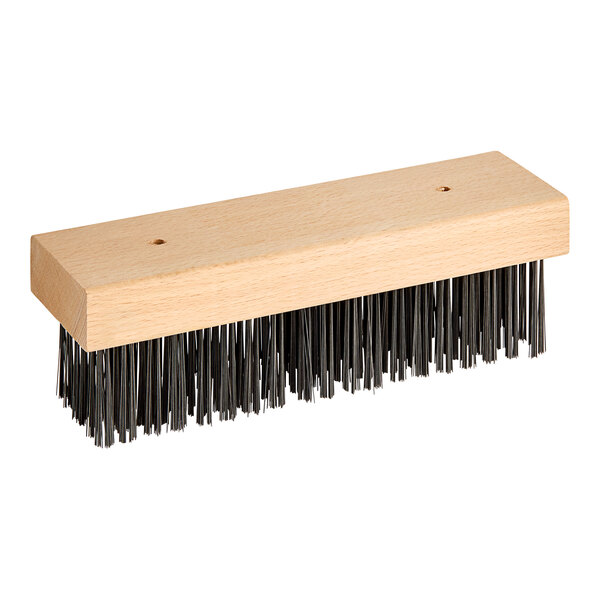 A Choice carbon steel bristle grill brush head with a wooden handle.