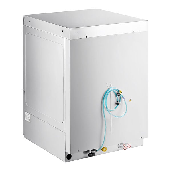 A white Noble Warewashing undercounter dishwasher with blue and white tubes.