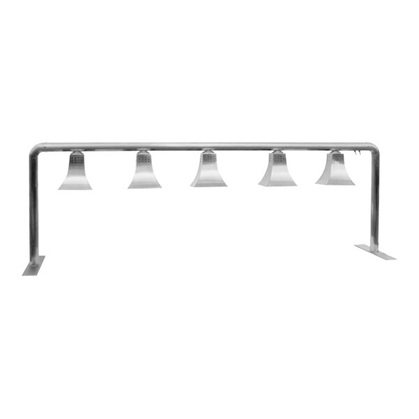 A metal bar with five heat lamps on it.