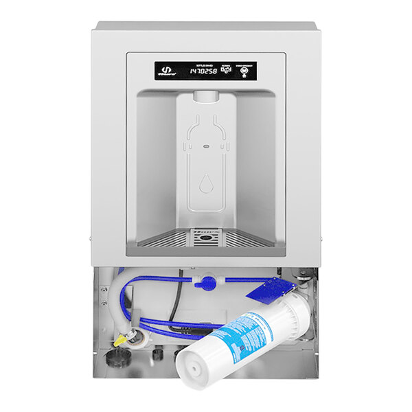 A white rectangular stainless steel Haws bottle filler with a blue hose.