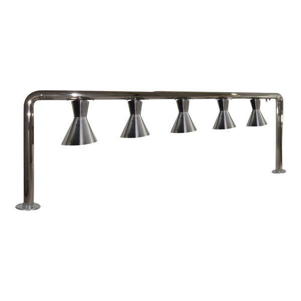 A metal bar with five heat lamps hanging from it.