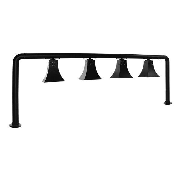 A black metal Hanson Heat Lamp with 4 black bell-shaped shades.