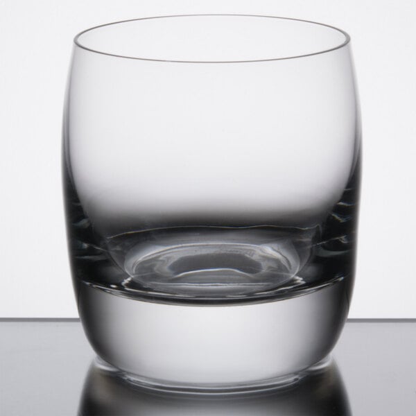 A close up of a Libbey Reserve rocks glass with a clear rim.