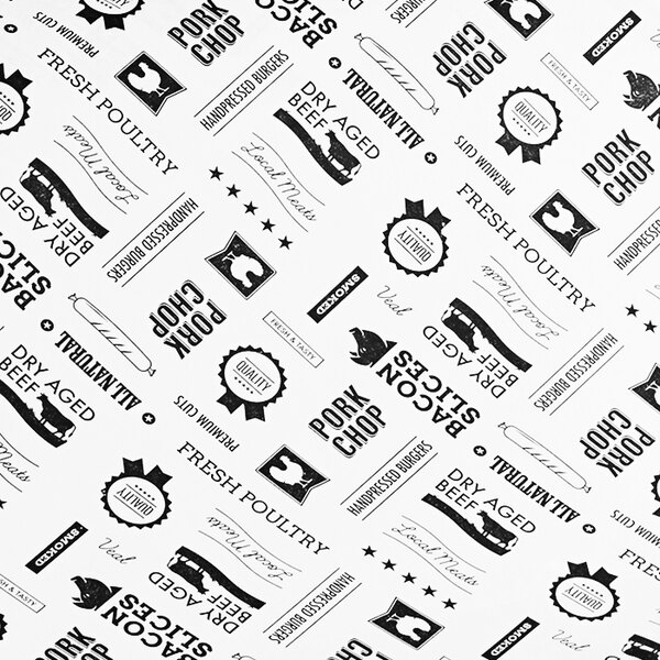 A white butcher paper roll with black barbecue labels and logos.