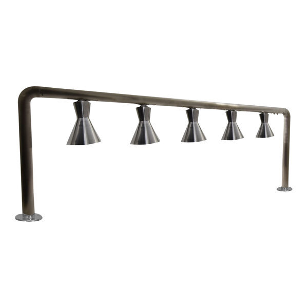 A stainless steel metal bar with five Hanson Heat Lamps on it.