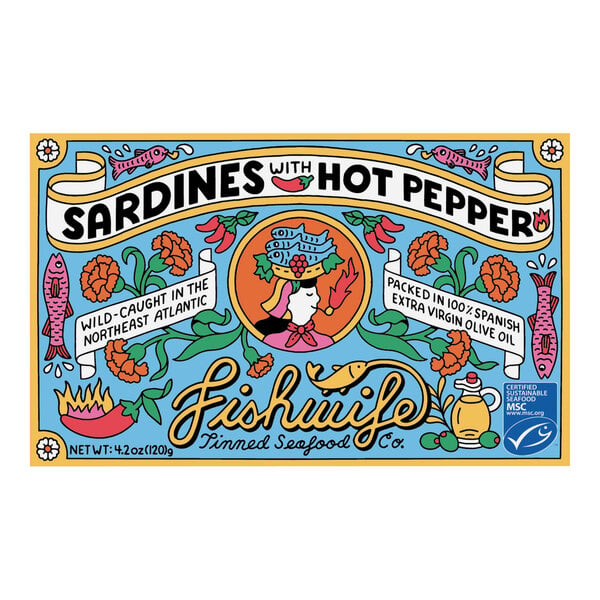 A Fishwife Sardines can with a colorful label featuring text and images of hot peppers.