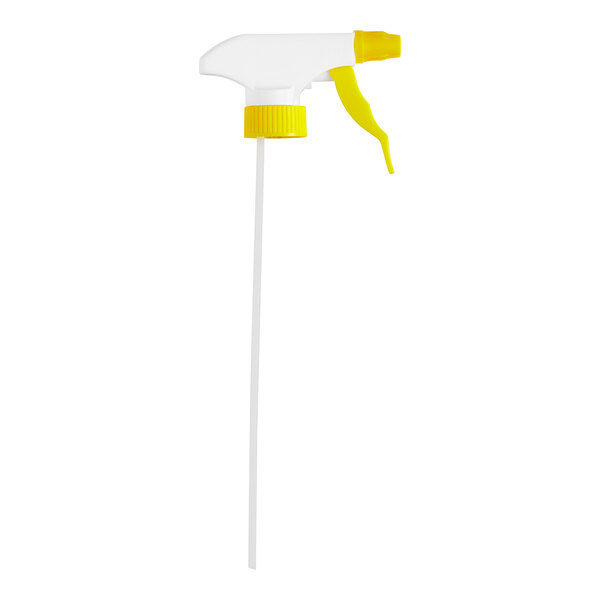 A white and yellow Lavex spray bottle trigger.