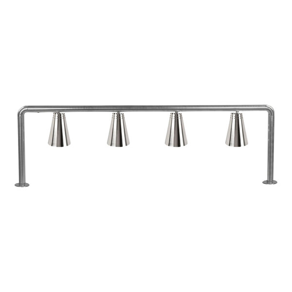 A stainless steel Hanson Heat Lamps 4-FS-900-SS-FM-BOT-120V with four lights on a metal bar.