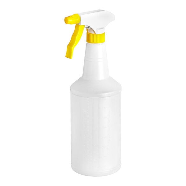 A white plastic bottle with a yellow and white sprayer.