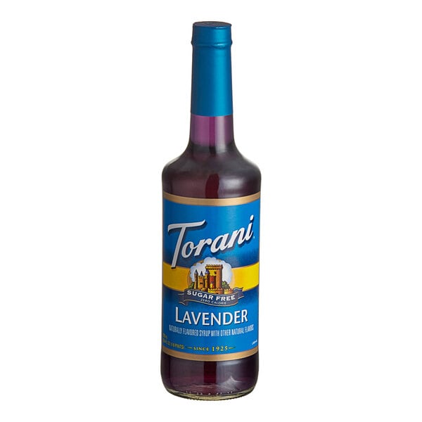 A Torani Sugar-Free Lavender Flavoring Syrup bottle.