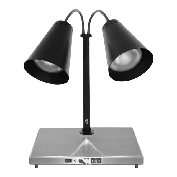 A black Hanson Heat Lamps carving station base with two lamps on a metal surface.
