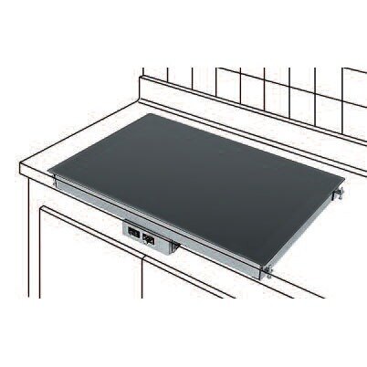 A drawing of a black Hatco heated shelf with a glass top over a counter.