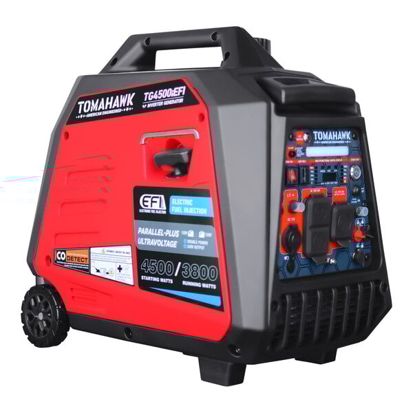 A red and black Tomahawk portable inverter generator with electric push start and fuel injection.