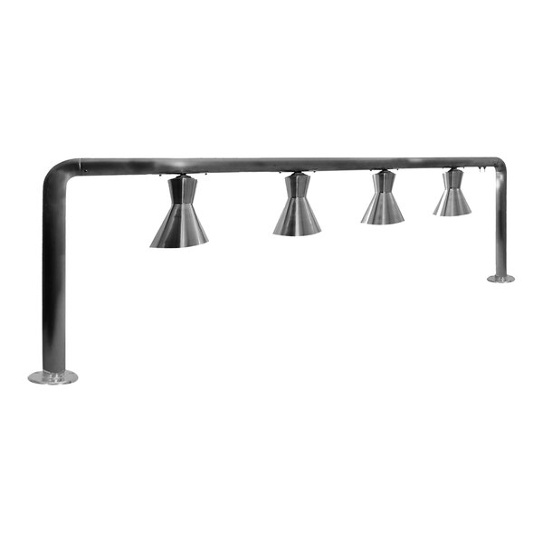 A stainless steel Hanson Heat Lamps pole with four lights on it.