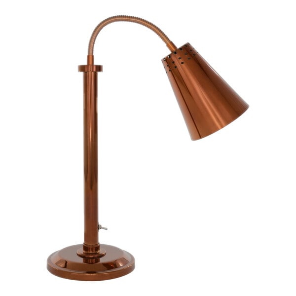 A Hanson Heat Lamps copper freestanding countertop bulb warmer with a flexible neck.