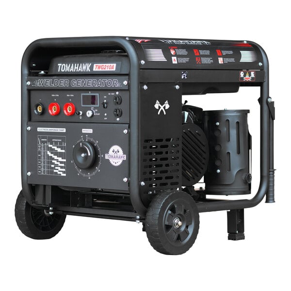 A black Tomahawk portable welder generator with wheels.